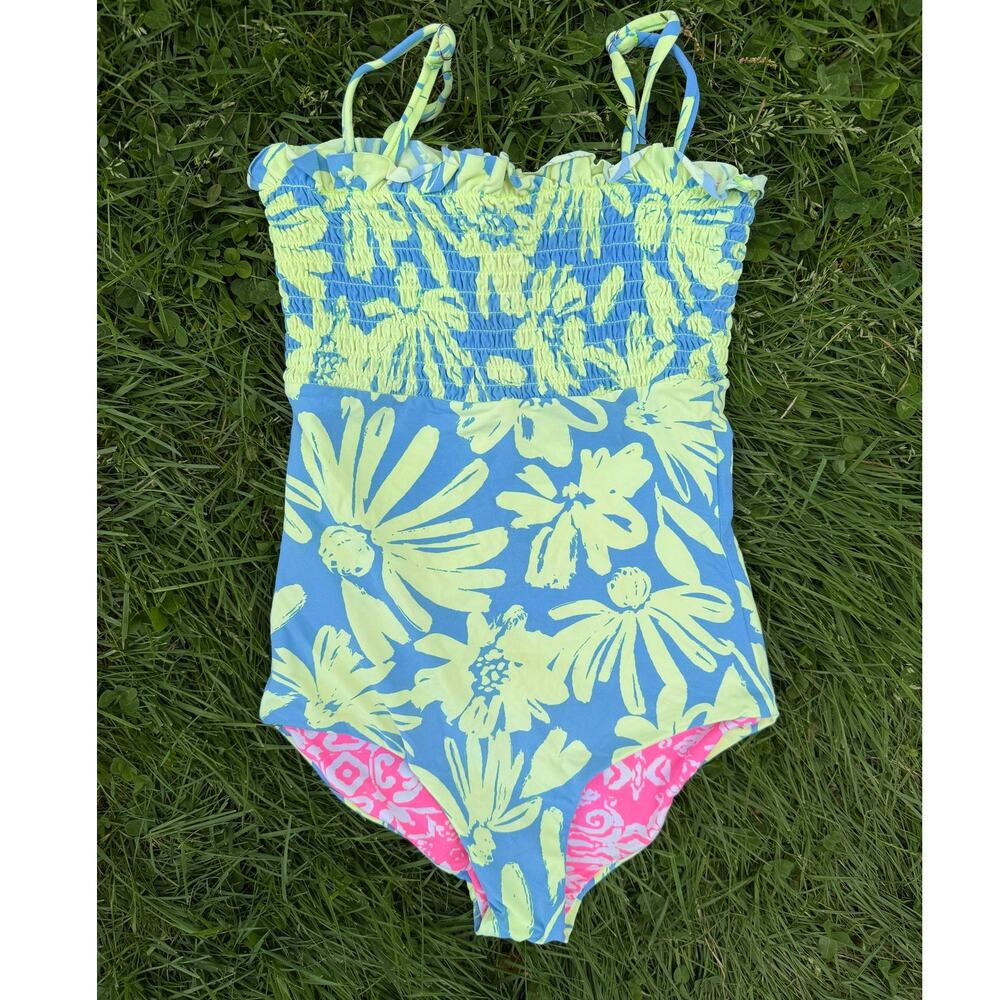 Maaji Girls Reversible One Piece Swimsuit Blue Floral Pink Print (SZ 8)